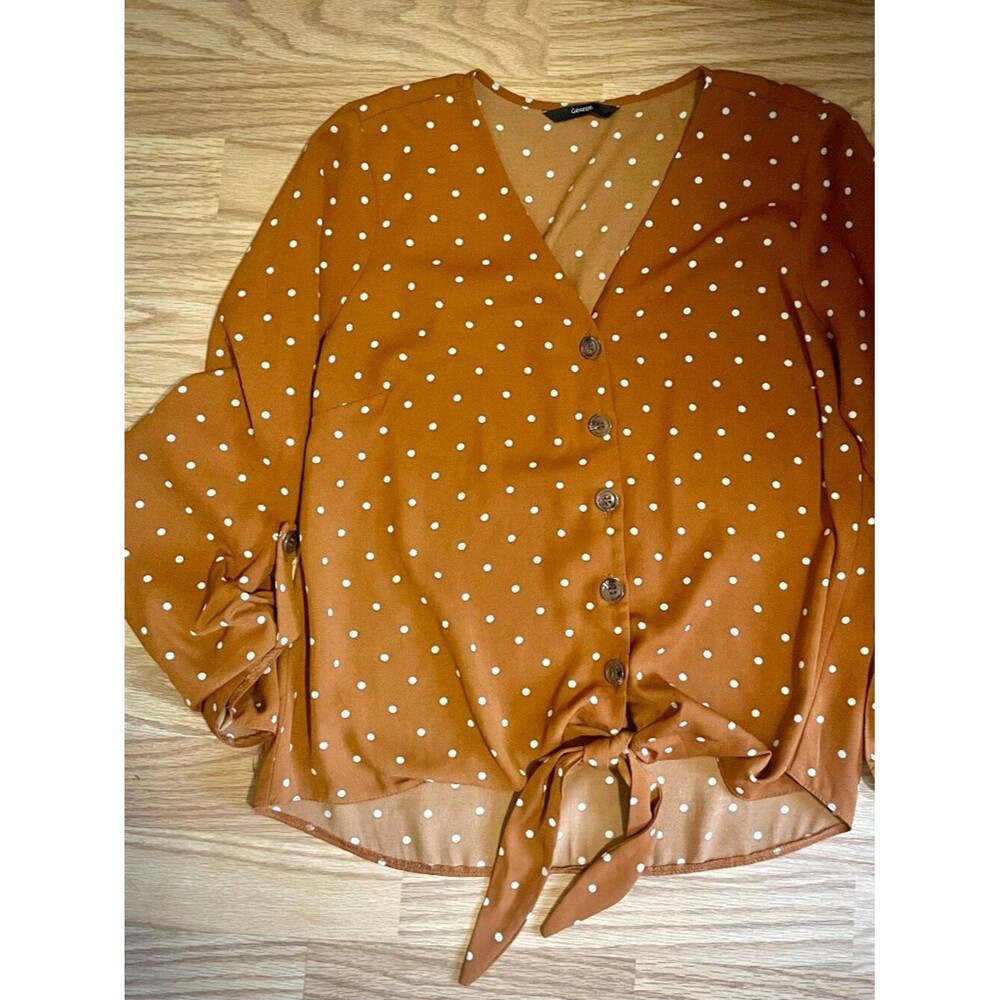 George Burnt Orange Polka Dot Tie-Front Blouse – Size 8